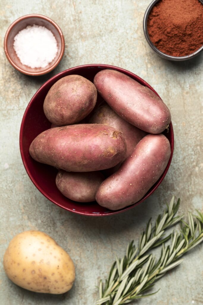top view bowl with potatoes spices